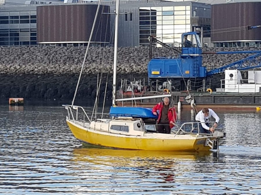 A re-homed Corribee 22 leaving the quay in Plymouth with her new owners